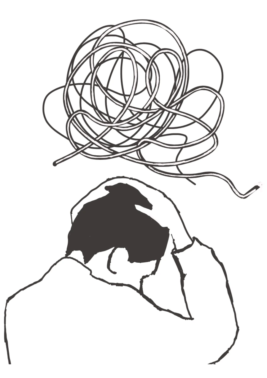 Hand-drawn illustration of a person with head in hands under a large tangled knot, representing the complexity of ADHD, autism and mental health medications