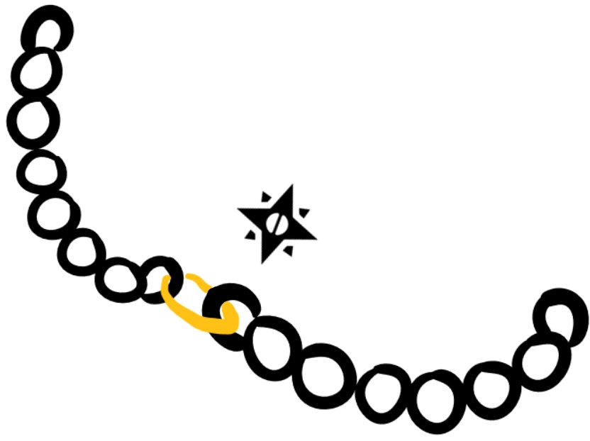 Hand-drawn illustration of a repaired chain with a gold link and the Maxwell Minds compass marker - representing Penny finding and fixing the weak link
