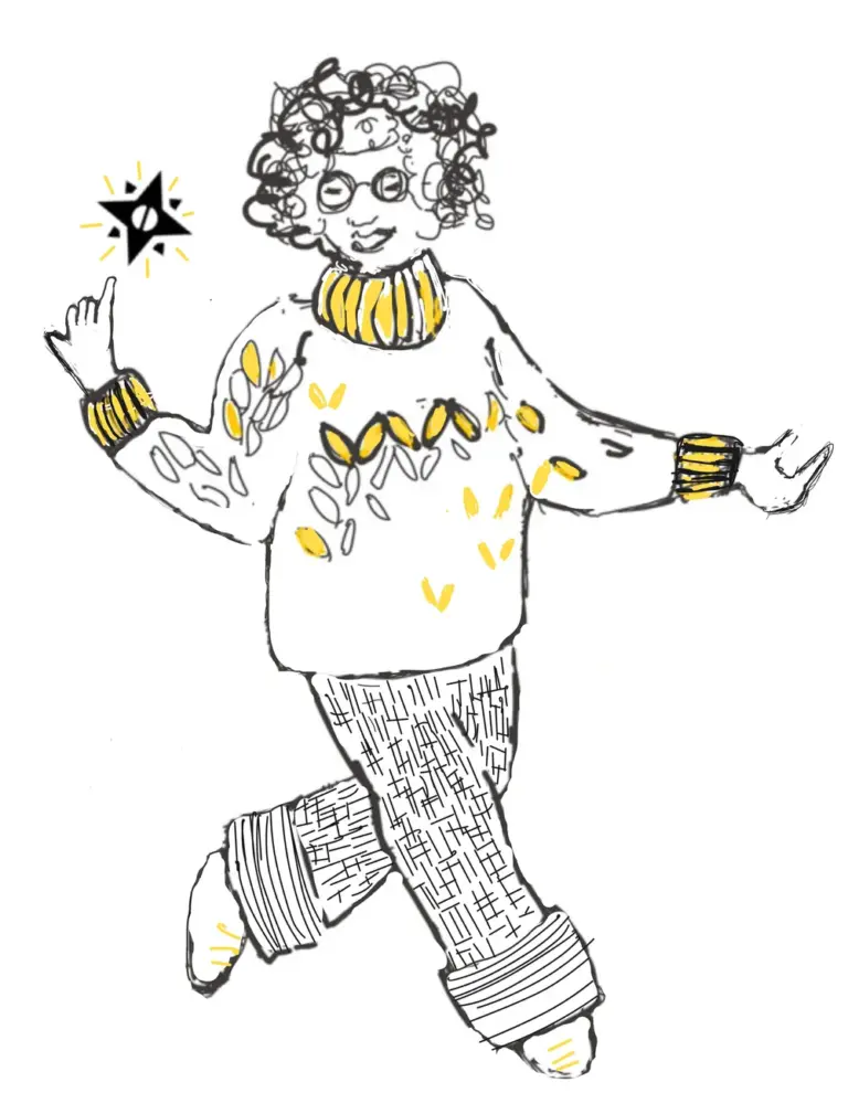 Hand-drawn illustration of a smiling woman striding forward in a knitted jumper - the Maxwell Minds figure for a treatment plan that fits